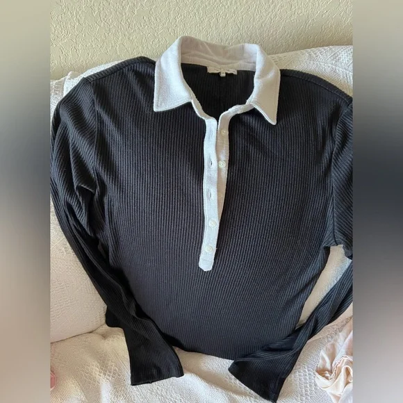 rag & bone Black Ribbed Long-Sleeve Polo Bodysuit with White Collar L - Picture 2 of 6